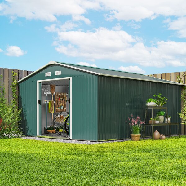 Outsunny Casetta da Giardino in Acciaio Porta Attrezzi, 2 Porte Scorrevoli, 4 Prese d’Aria, 340x386x200 cm, Verde | Aosom Italy