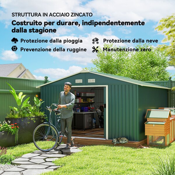 Outsunny Casetta da Giardino in Acciaio Porta Attrezzi, 2 Porte Scorrevoli, 4 Prese d’Aria, 340x386x200 cm, Verde | Aosom Italy