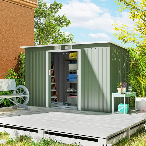 Outsunny Casetta da Giardino Porta Utensili in Lamiera di Acciaio, Capanno da Giardino con Porte Scorrevoli, 280x130x172cm, Verde Chiaro | Aosom