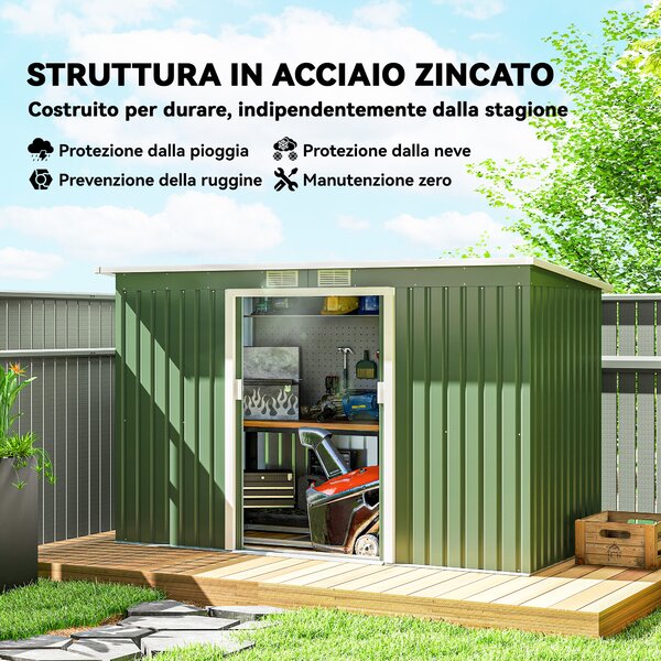 Outsunny Casetta da Giardino Porta Utensili in Lamiera di Acciaio, Capanno da Giardino con Porte Scorrevoli, 280x130x172cm, Verde Chiaro | Aosom