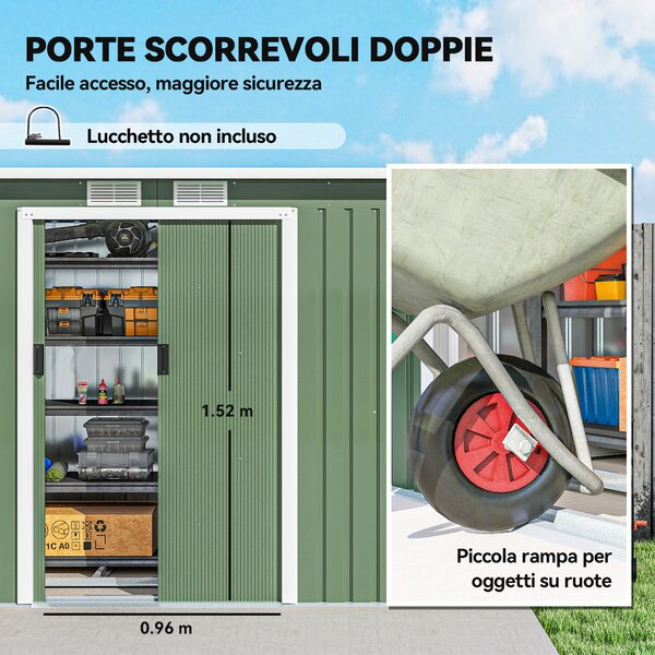Outsunny Casetta da Giardino Porta Utensili in Lamiera di Acciaio, Capanno da Giardino con Porte Scorrevoli, 280x130x172cm, Verde Chiaro | Aosom