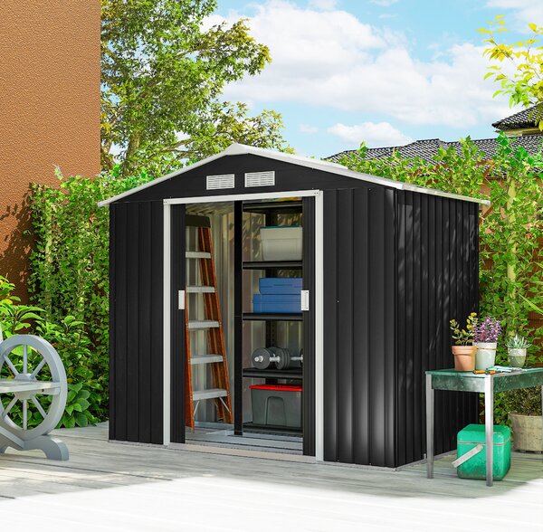 Outsunny Capanno Porta Attrezzi da Giardino con 2 Porte Scorrevoli e 4 Prese d'Aria, Casetta in Acciaio, 213x130x185cm, Grigio Scuro | Aosom Italy