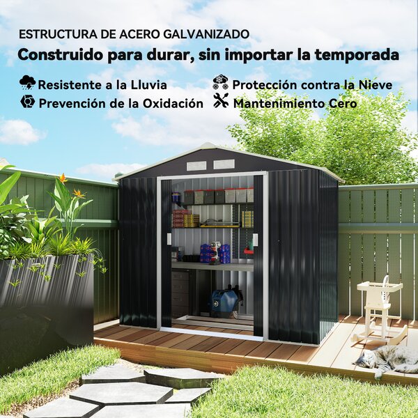 Outsunny Capanno Porta Attrezzi da Giardino con 2 Porte Scorrevoli e 4 Prese d'Aria, Casetta in Acciaio, 213x130x185cm, Grigio Scuro | Aosom Italy