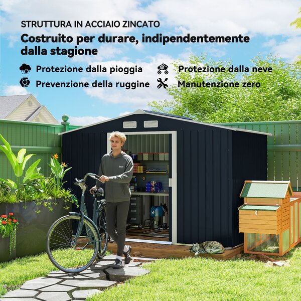 Outsunny Casetta in Acciaio con 2 Porte Scorrevoli e Kit per Base, Casetta da Giardino 277x195x192cm, Capanno Porta Attrezzi, Grigio | Aosom Italy