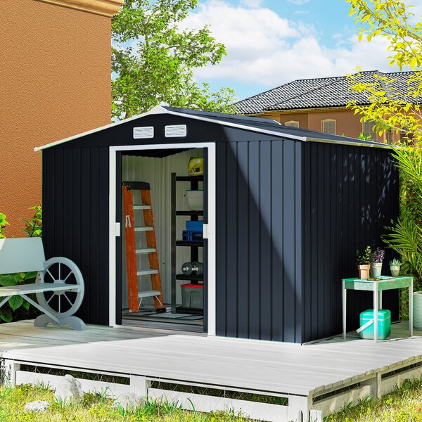 Outsunny Casetta in Acciaio con 2 Porte Scorrevoli e Kit per Base, Casetta da Giardino 277x195x192cm, Capanno Porta Attrezzi, Grigio | Aosom Italy