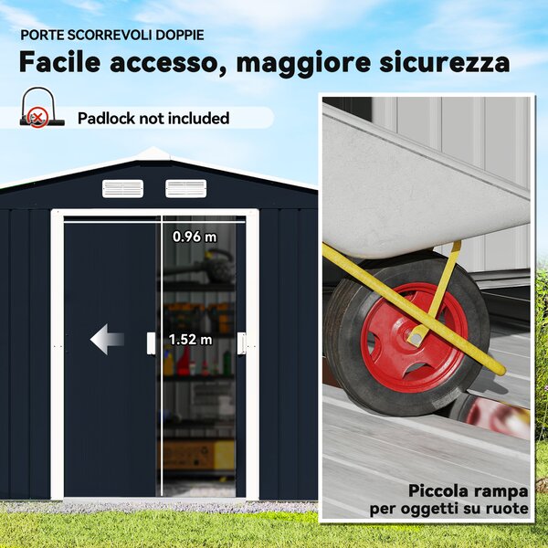 Outsunny Casetta in Acciaio con 2 Porte Scorrevoli e Kit per Base, Casetta da Giardino 277x195x192cm, Capanno Porta Attrezzi, Grigio | Aosom Italy