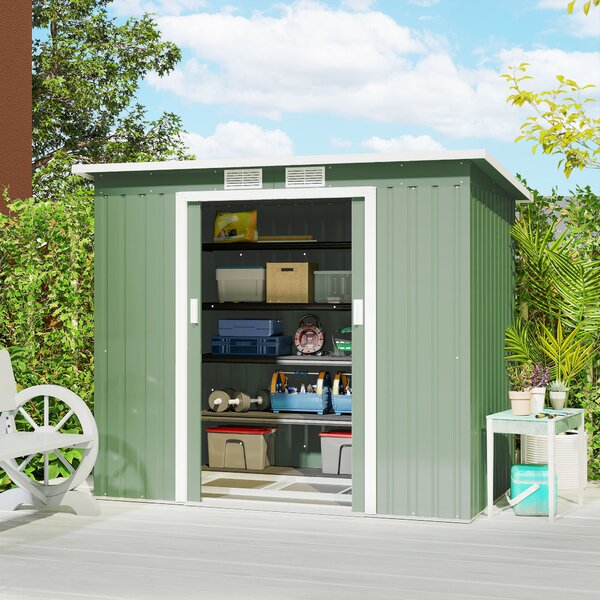 Outsunny Casetta da Giardino in Acciaio con Tetto Inclinato, Doppia Porta Scorrevole e Prese d'Aria, 213x130x173 cm, Verde|Aosom