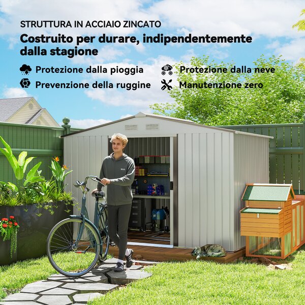 Outsunny Casetta da Giardino in Lamiera con 2 Porte Scorrevoli, Ripostiglio da Esterno in Acciaio, Casetta da Giardino Moderna, 277x195x192 cm, Argento | Aosom Italy