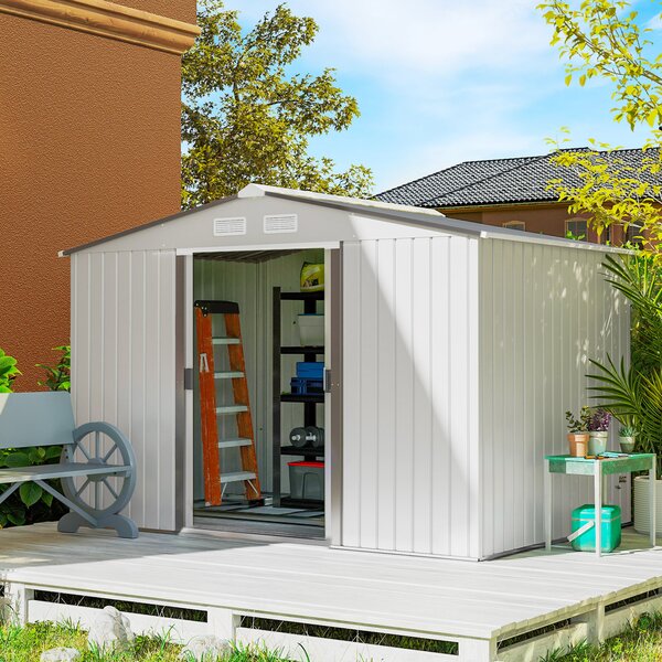 Outsunny Casetta da Giardino in Lamiera con 2 Porte Scorrevoli, Ripostiglio da Esterno in Acciaio, Casetta da Giardino Moderna, 277x195x192 cm, Argento | Aosom Italy