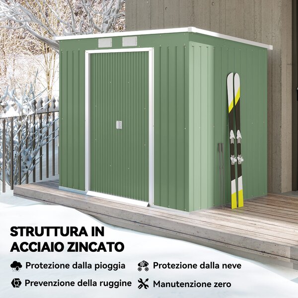 Outsunny Casetta da Giardino in Acciaio con Tetto Inclinato, Doppia Porta Scorrevole e Prese d'Aria, 213x130x173 cm, Verde|Aosom