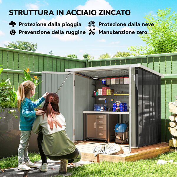 Outsunny Casetta da Giardino con Doppia Porta, Capanno Porta Attrezzi in Lamiera di Acciaio, 147x86x134cm, Nero e Bianco | Aosom Italy