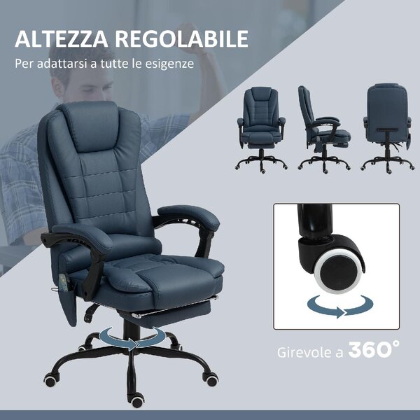 Icon Space Sedia da Ufficio con Ruote e Braccioli Reclinabile con Poggiapiedi e Poggiatesta Schienale Massaggiante in Ecopelle colore Blu