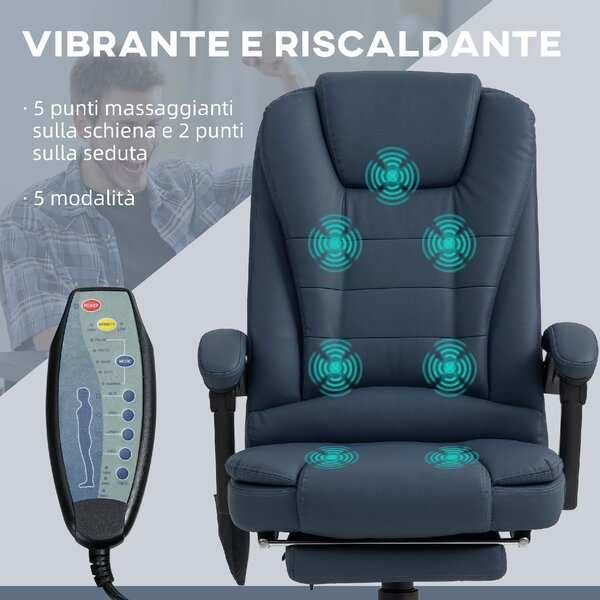 Icon Space Sedia da Ufficio con Ruote e Braccioli Reclinabile con Poggiapiedi e Poggiatesta Schienale Massaggiante in Ecopelle colore Blu