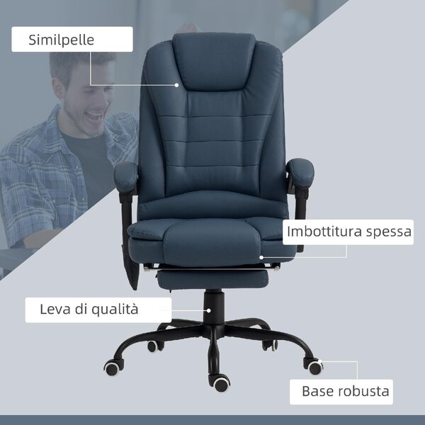 Icon Space Sedia da Ufficio con Ruote e Braccioli Reclinabile con Poggiapiedi e Poggiatesta Schienale Massaggiante in Ecopelle colore Blu