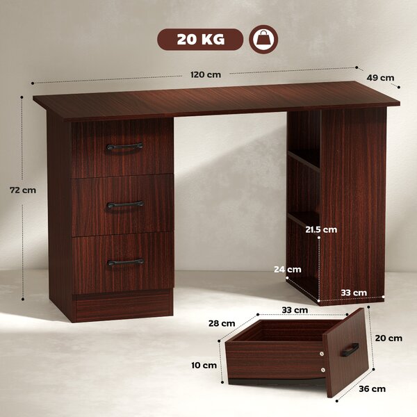 HOMCOM Scrivania Ufficio con 3 Cassetti e 3 Ripiani in Legno, 120x49x72cm, Noce|Aosom
