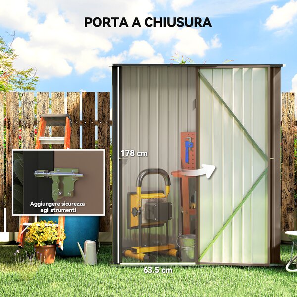 Outsunny Casetta da Giardino in Acciaio Porta Attrezzi con Catenaccio, 161.5x94.5x196cm, Marrone