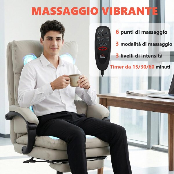 Icon Space Sedia da Ufficio con Ruote e Braccioli Reclinabile con Poggiapiedi e Poggiatesta Schienale Massaggiante in Ecopelle colore Grigio Chiaro