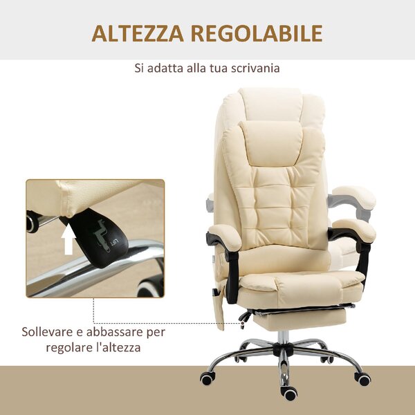 DecHome Sedia da Ufficio con Ruote e Braccioli Reclinabile con Poggiapiedi e Poggiatesta Schienale Massaggiante in Ecopelle colore Crema