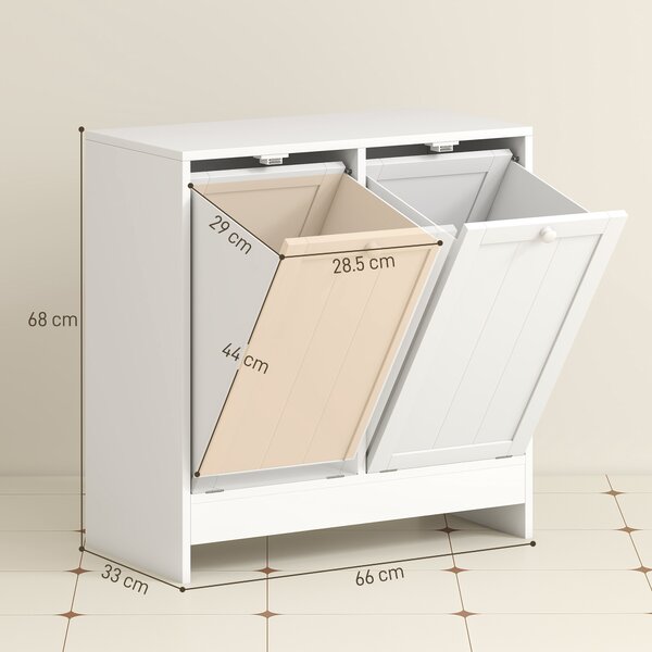 Kleankin Mobile Portabiancheria con 2 Scomparti a Ribalta in Legno, 60x33x68cm, Bianco