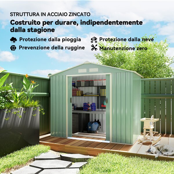 Outsunny Casetta da Giardino con Porte Scorrevoli e 4 prese d'aria, Porta Attrezzi in Lamiera di Acciaio, 213x130x185cm, Verde Chiaro | Aosom Italy