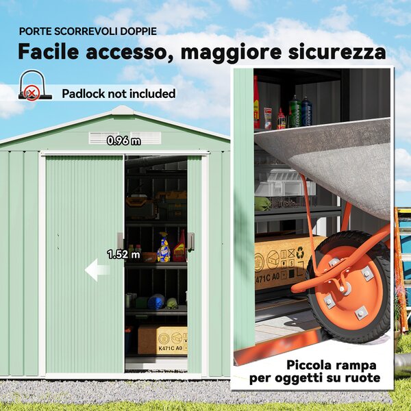 Outsunny Casetta da Giardino con Porte Scorrevoli e 4 prese d'aria, Porta Attrezzi in Lamiera di Acciaio, 213x130x185cm, Verde Chiaro | Aosom Italy