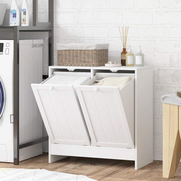 Kleankin Mobile Portabiancheria con 2 Scomparti a Ribalta in Legno, 60x33x68cm, Bianco