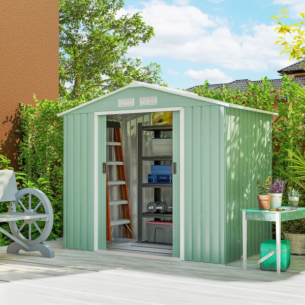 Outsunny Casetta da Giardino con Porte Scorrevoli e 4 prese d'aria, Porta Attrezzi in Lamiera di Acciaio, 213x130x185cm, Verde Chiaro | Aosom Italy
