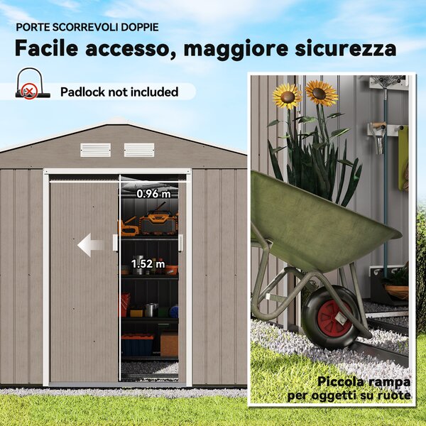 Outsunny Capanno per Attrezzi in Acciaio con 4 Prese d'Aria e 2 Porte Scorrevoli, Ripostiglio da Esterno 277x195x192 cm, Marrone Chiaro | Aosom Italy
