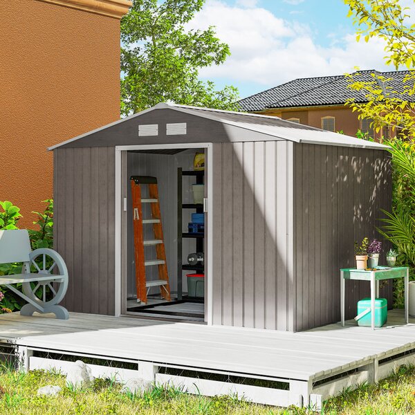 Outsunny Capanno per Attrezzi in Acciaio con 4 Prese d'Aria e 2 Porte Scorrevoli, Ripostiglio da Esterno 277x195x192 cm, Marrone Chiaro | Aosom Italy