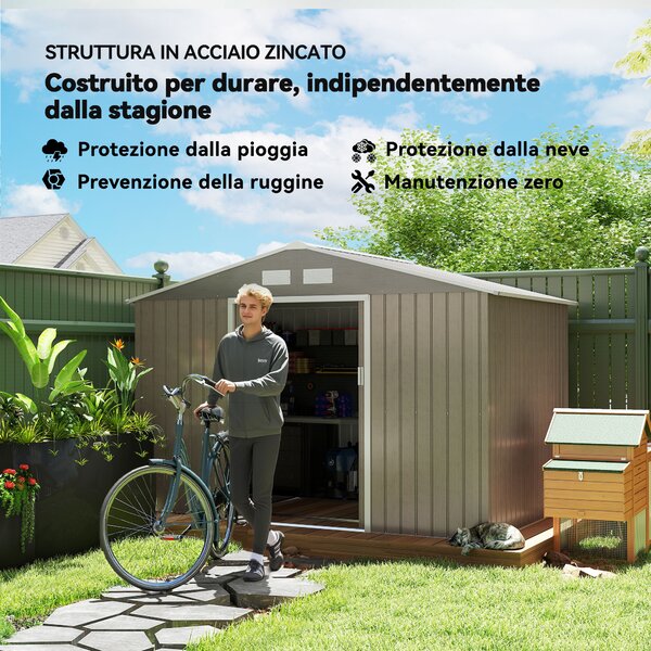 Outsunny Capanno per Attrezzi in Acciaio con 4 Prese d'Aria e 2 Porte Scorrevoli, Ripostiglio da Esterno 277x195x192 cm, Marrone Chiaro | Aosom Italy
