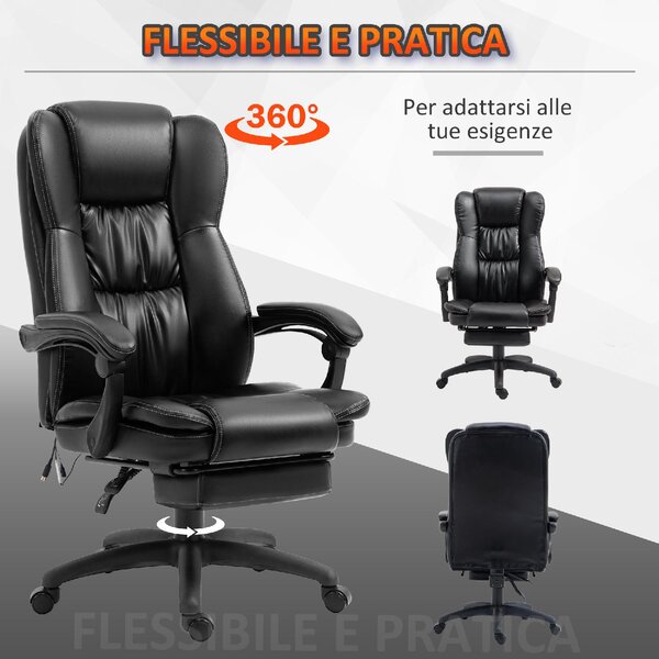 Icon Space Sedia da Ufficio con Ruote e Braccioli Reclinabile con Poggiapiedi e Poggiatesta Schienale Massaggiante in Ecopelle colore Nero