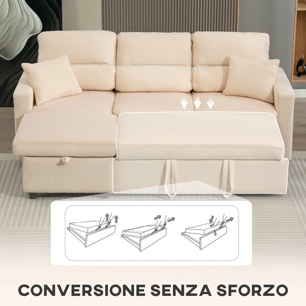 HOMCOM Divano Letto Angolare con Vano Contenitore, Rivestimento in Velluto a Coste e 2 Cuscini, 205x135x76 cm, Beige | Aosom Italy