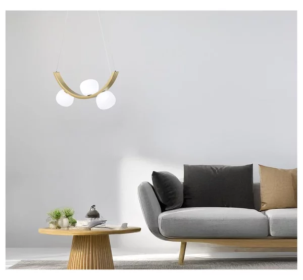 SUNSET SOSPENSIONE 3 LUCI ORO CON SFERE IN VETRO BIANCO LED 18W LUCE 3000K DIMMERABILE DESIGN MODERNO