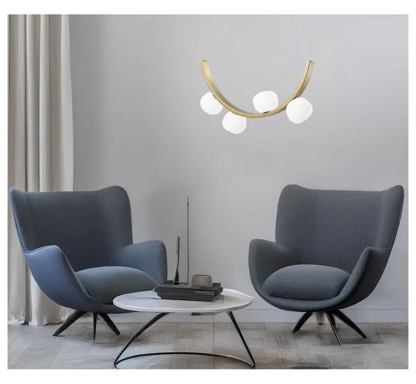 SUNSET SOSPENSIONE 4 LUCI ORO CON SFERE IN VETRO BIANCO LED 24W LUCE 3000K DIMMERABILE DESIGN MODERNO