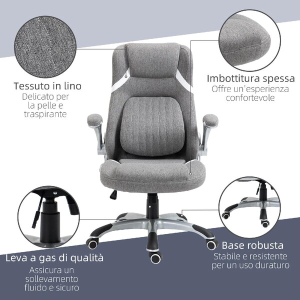 DecHome Sedia Ergonomica con Ruote Braccioli e Poggiatesta in Tessuto colore Grigio