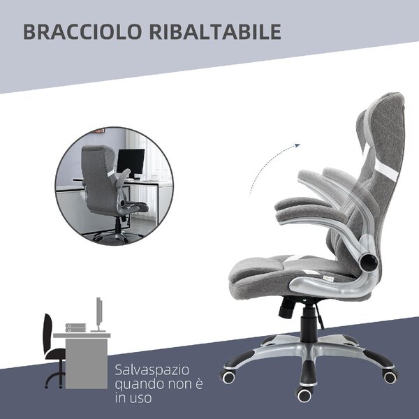 DecHome Sedia Ergonomica con Ruote Braccioli e Poggiatesta in Tessuto colore Grigio