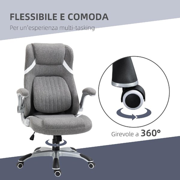 DecHome Sedia Ergonomica con Ruote Braccioli e Poggiatesta in Tessuto colore Grigio