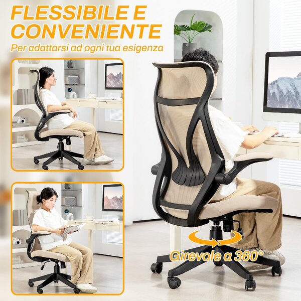 Icon Space Sedia Ergonomica con Ruote Braccioli e Poggiatesta in Tessuto Mesh colore Beige