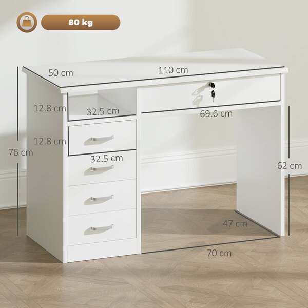 HOMCOM Scrivania per Camera o Ufficio in Legno con 2 Cassetti e 2 Chiavi, 110x50x76cm - Bianco|Aosom