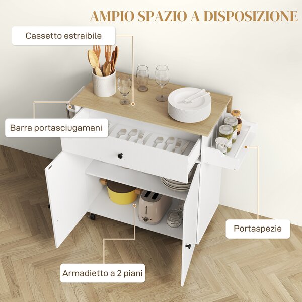 HOMCOM Isola per Cucina con Cassetto, Armadietto, Portaspezie e Portasciugamani, 106x42x87 cm, Bianco e Rovere | Aosom Italy