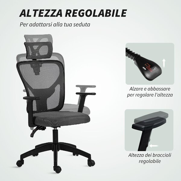 Icon Space Sedia Ergonomica con Ruote Braccioli e Poggiatesta in Tessuto Mesh colore Grigio Scuro