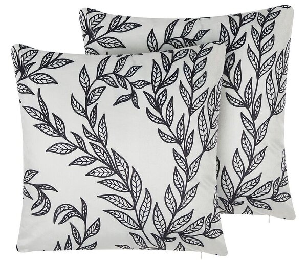 Set di 2 cuscini decorativi in velluto con foglie 45 x 45 cm bianco e nero Beliani