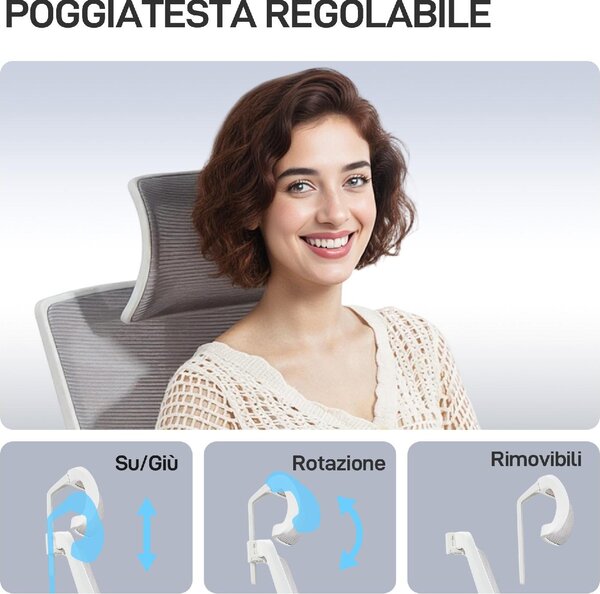 Icon Space Sedia Ergonomica con Ruote Braccioli e Poggiatesta in Tessuto Mesh colore Grigio/Bianco