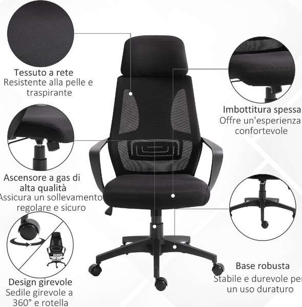 Icon Space Sedia Ergonomica con Ruote Braccioli e Poggiatesta in Tessuto Mesh colore Nero
