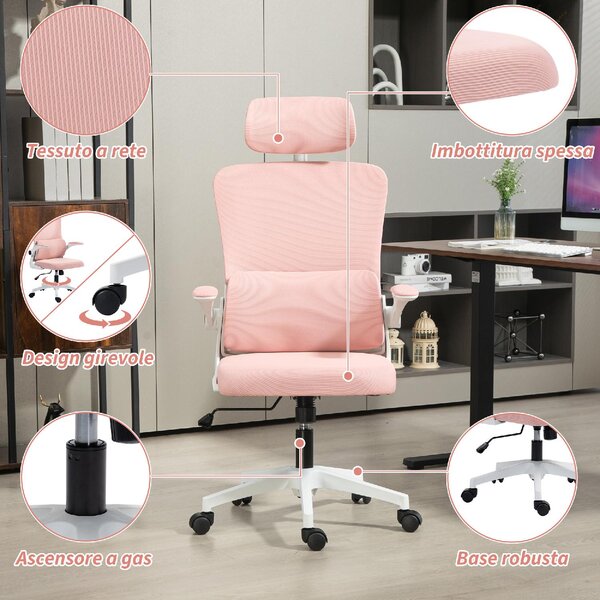 Icon Space Sedia Ergonomica con Ruote Braccioli e Poggiatesta in Tessuto Mesh colore Rosa