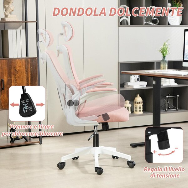 Icon Space Sedia Ergonomica con Ruote Braccioli e Poggiatesta in Tessuto Mesh colore Rosa