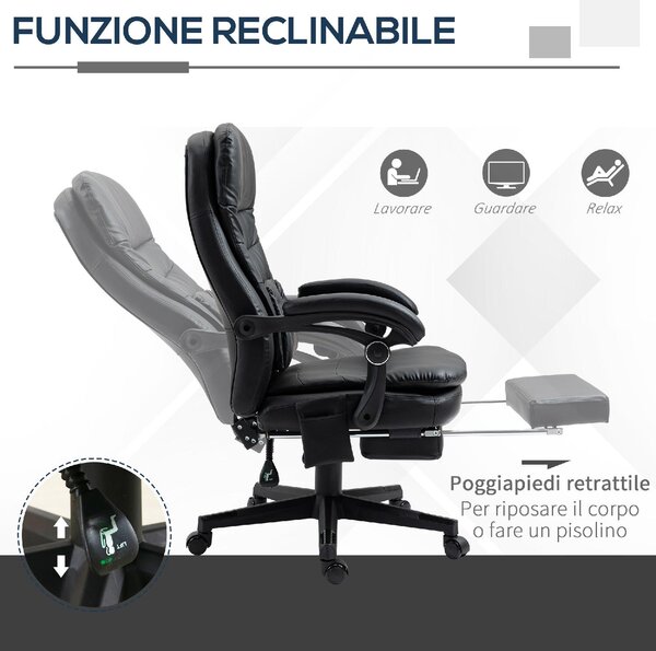 DecHome Sedia Ergonomica con Ruote e Braccioli Reclinabile con Poggiapiedi e Poggiatesta in Ecopelle colore Nero