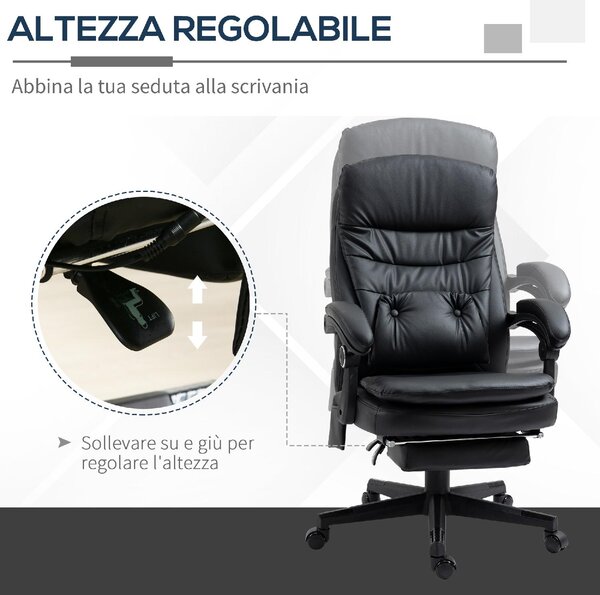 DecHome Sedia Ergonomica con Ruote e Braccioli Reclinabile con Poggiapiedi e Poggiatesta in Ecopelle colore Nero