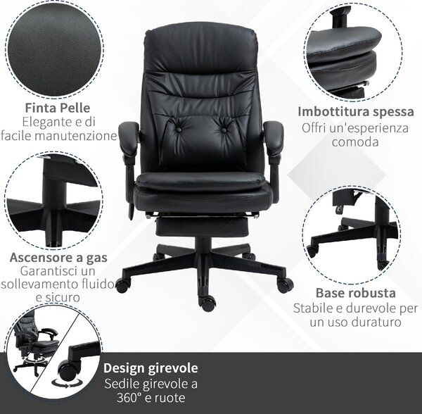 DecHome Sedia Ergonomica con Ruote e Braccioli Reclinabile con Poggiapiedi e Poggiatesta in Ecopelle colore Nero