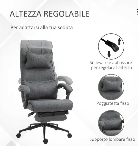 DecHome Sedia Ergonomica con Ruote e Braccioli Reclinabile con Poggiapiedi e Poggiatesta in Tessuto colore Grigio Scuro